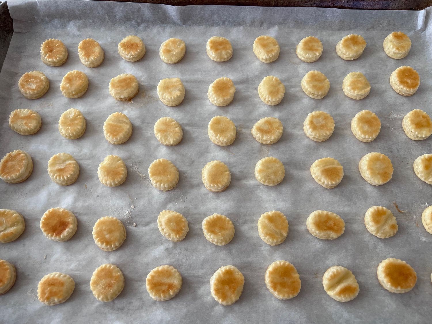 Golden baked pastry rounds arranged in rows on parchment paper.