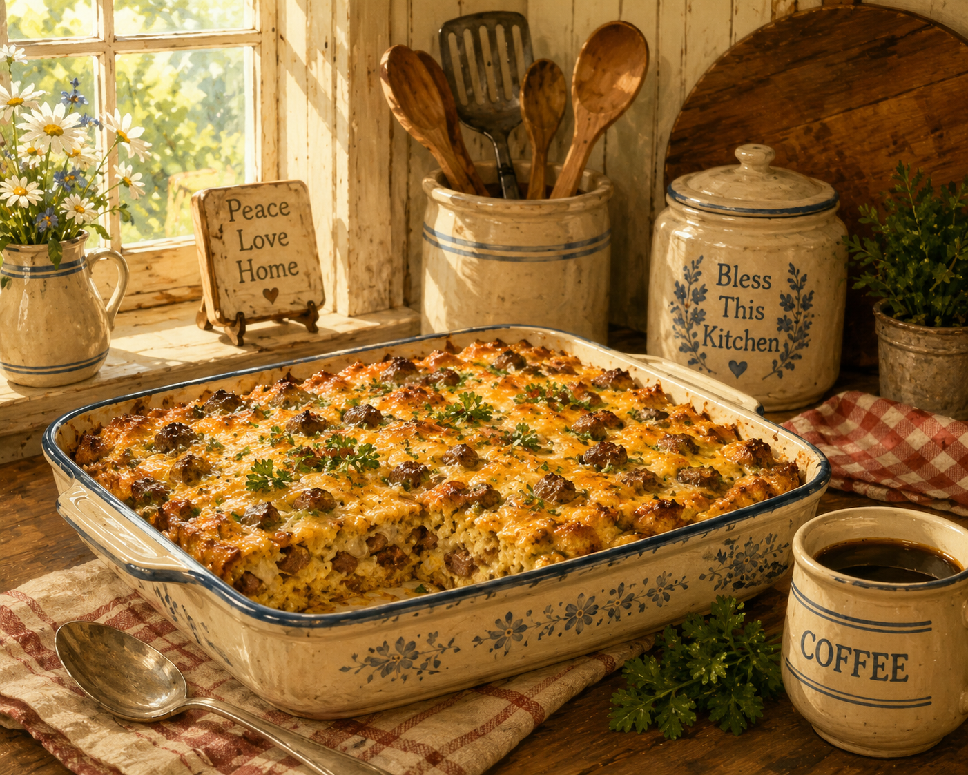 Golden-brown breakfast casserole in a blue-trim baking dish on a rustic wooden table with vintage crocks and coffee mug.