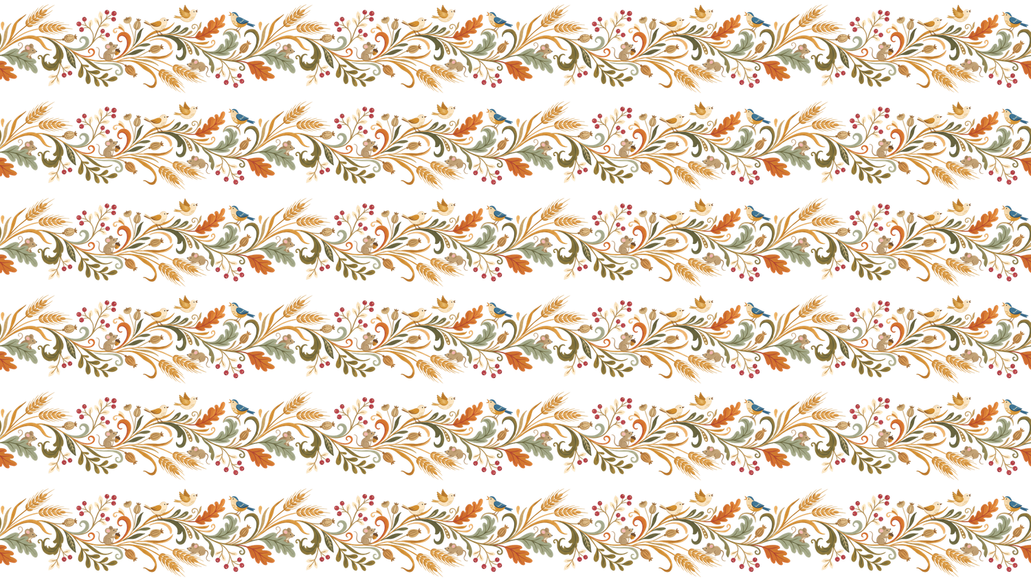 Seamless floral border pattern with orange, teal and olive leaves, berries and curling vines in repeating horizontal rows on white.