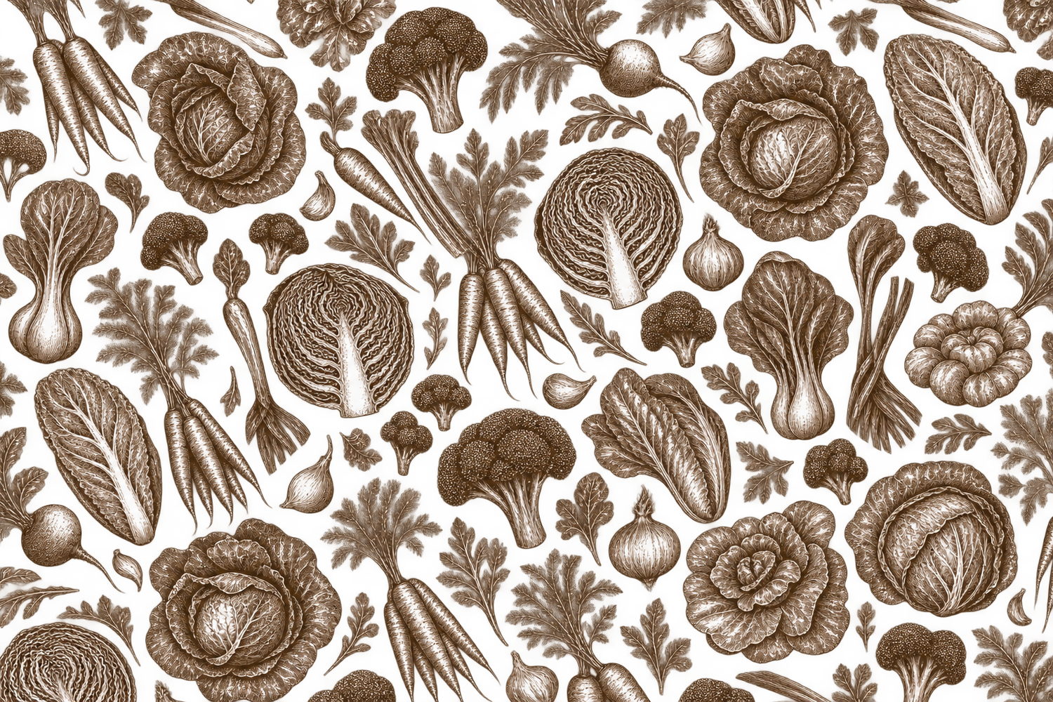 Vintage sepia botanical illustration seamless pattern featuring cabbages, broccoli, onions, and leafy vegetables.
