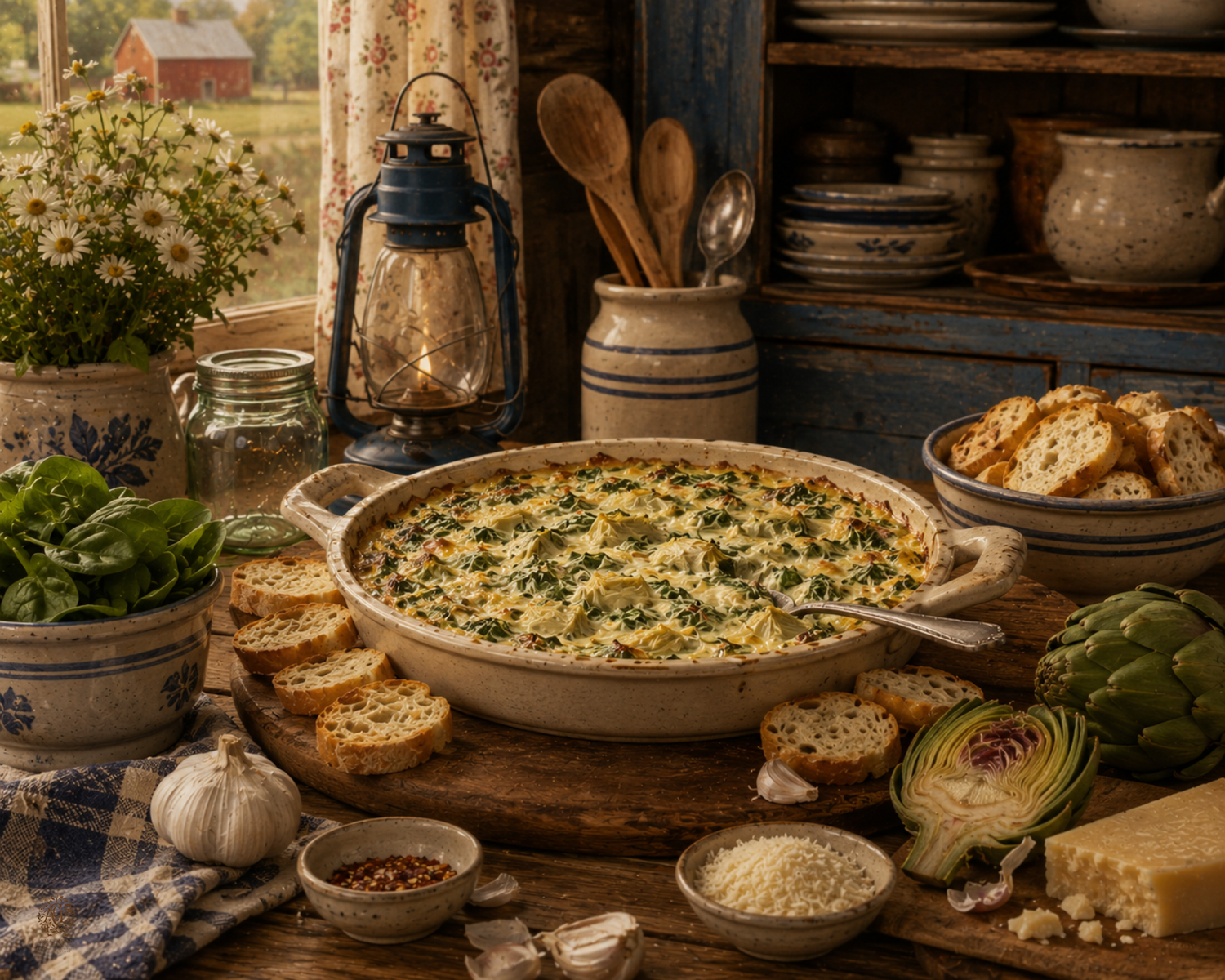 Rustic spinach artichoke dip in ceramic dish surrounded by bread, garlic, and parmesan on a farmhouse wooden table.