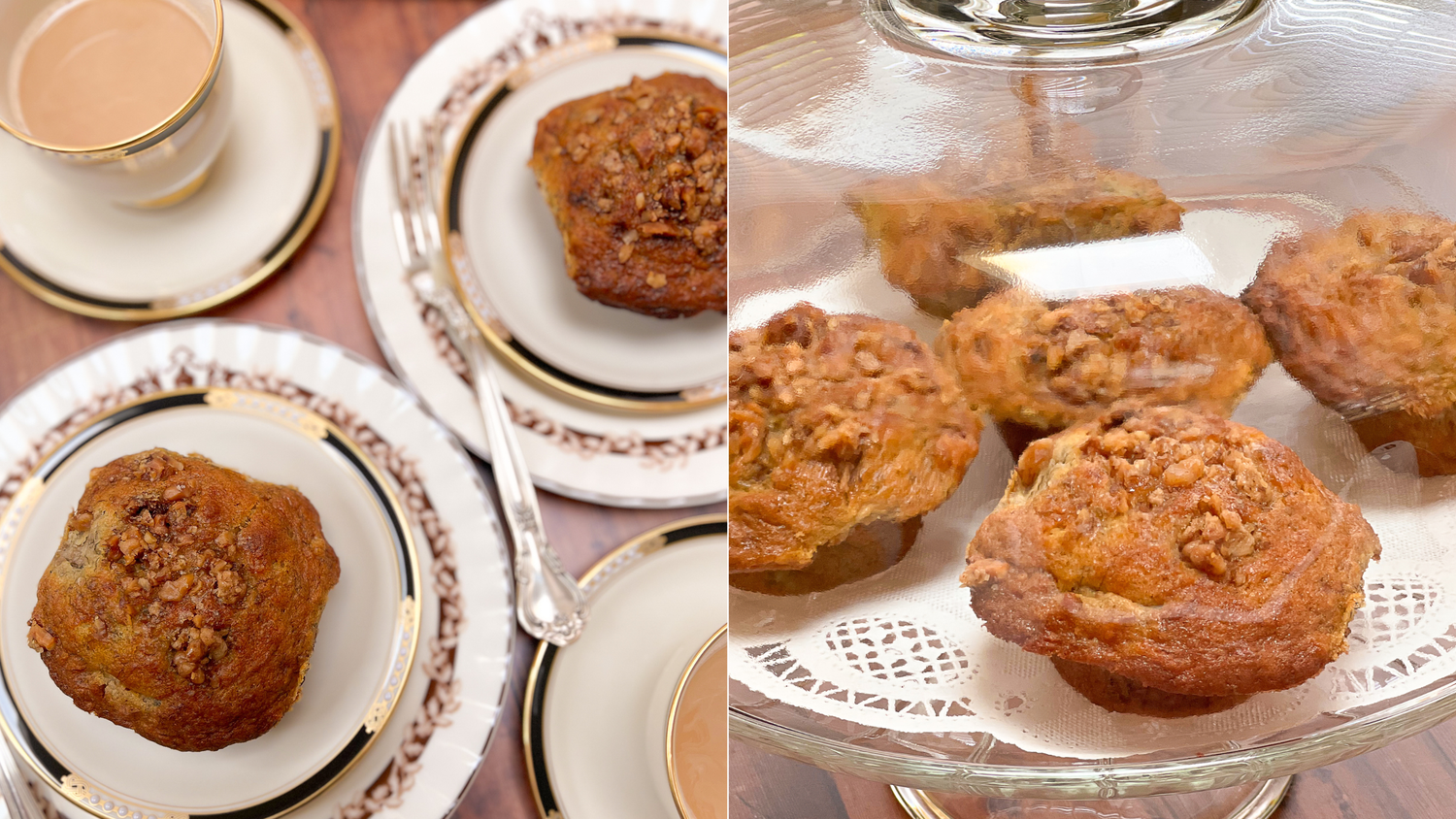 A freshly baked muffin with nuts sits on an elegant white and silver plate with utensils.