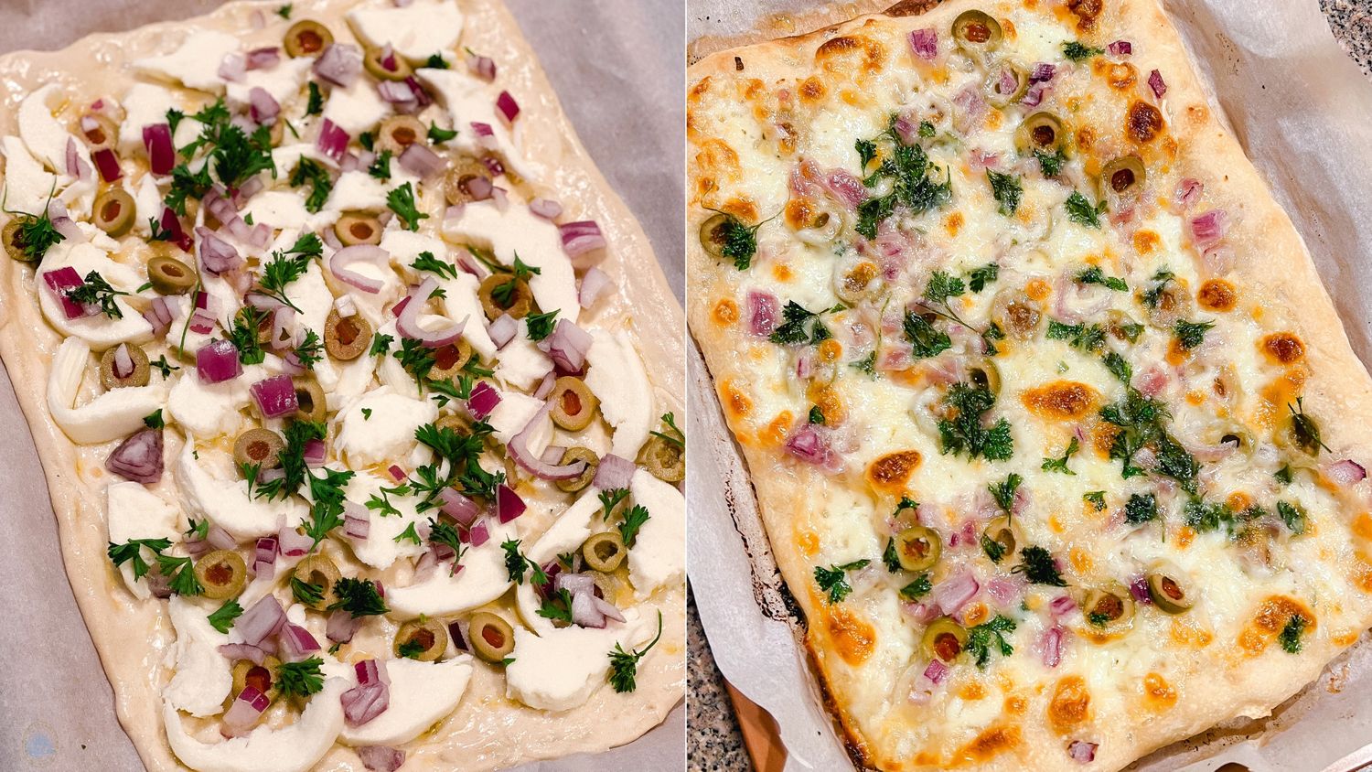 White pizza with olives and fresh herbs shown in various stages of preparation.