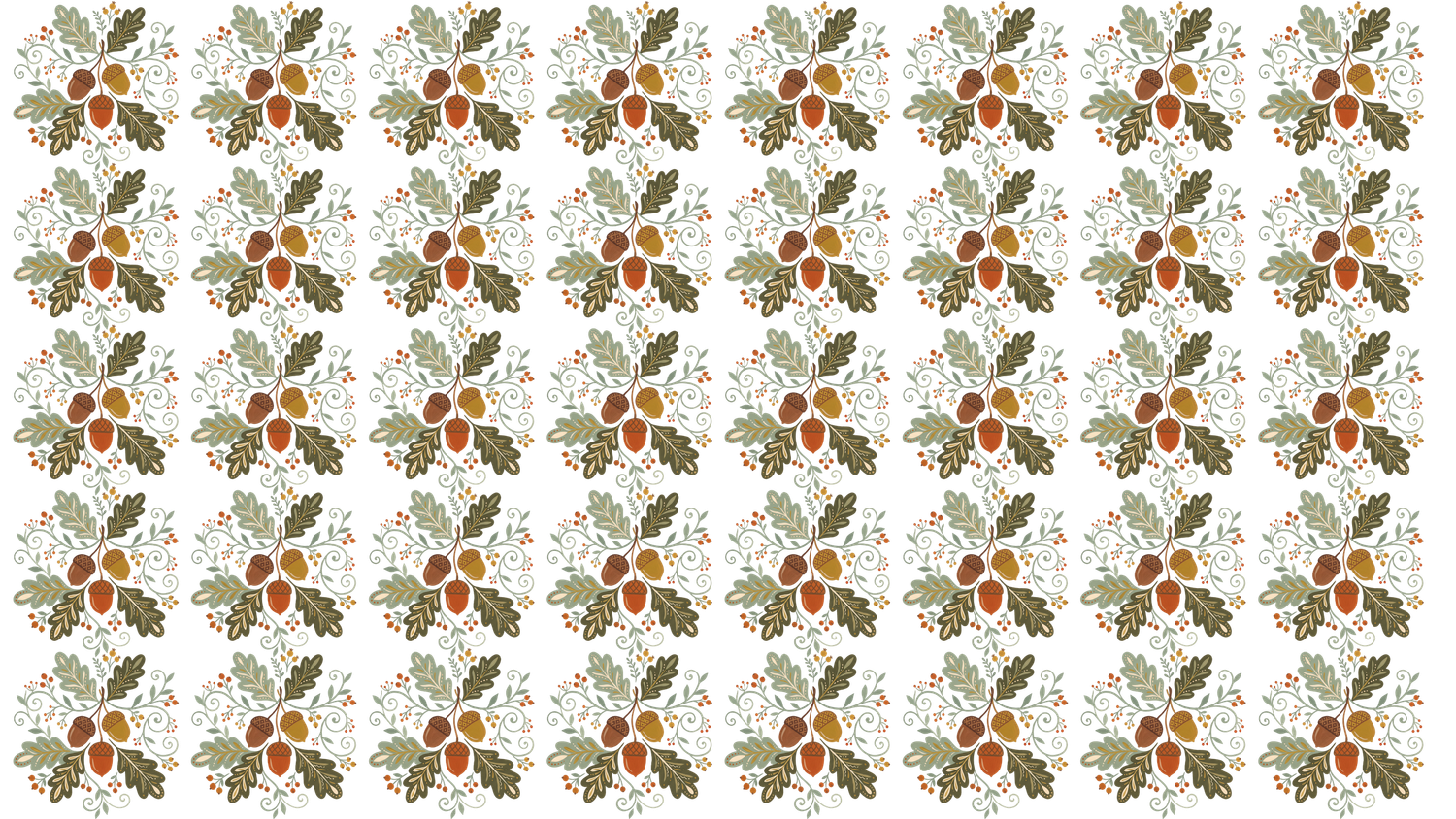 Seamless pattern of autumn oak leaves, acorns and small berries in muted green, orange and brown tones on a white background.