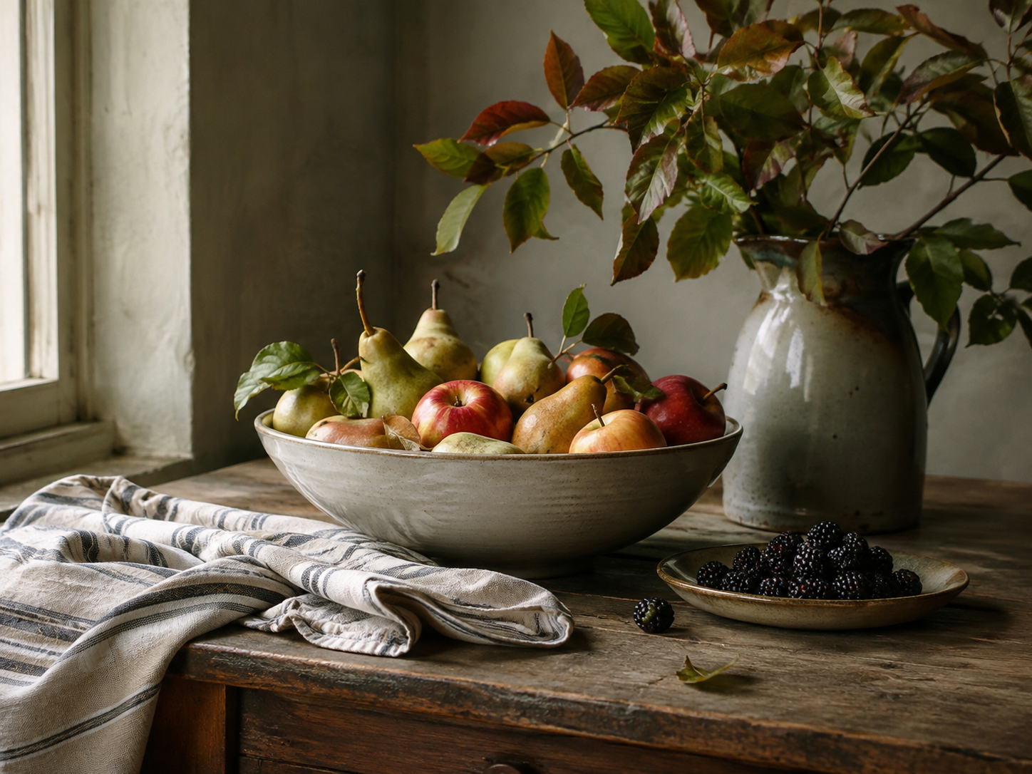 Rustic wooden table with a ceramic bowl of fresh pears and apples, blackberries on a plate, and a vase with autumn branches.