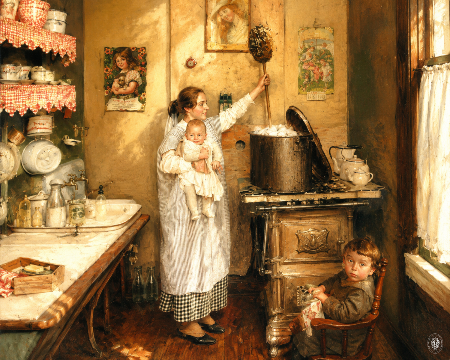 A mother holding a baby tends to a wood-burning stove while a young child sits nearby in a vintage kitchen.