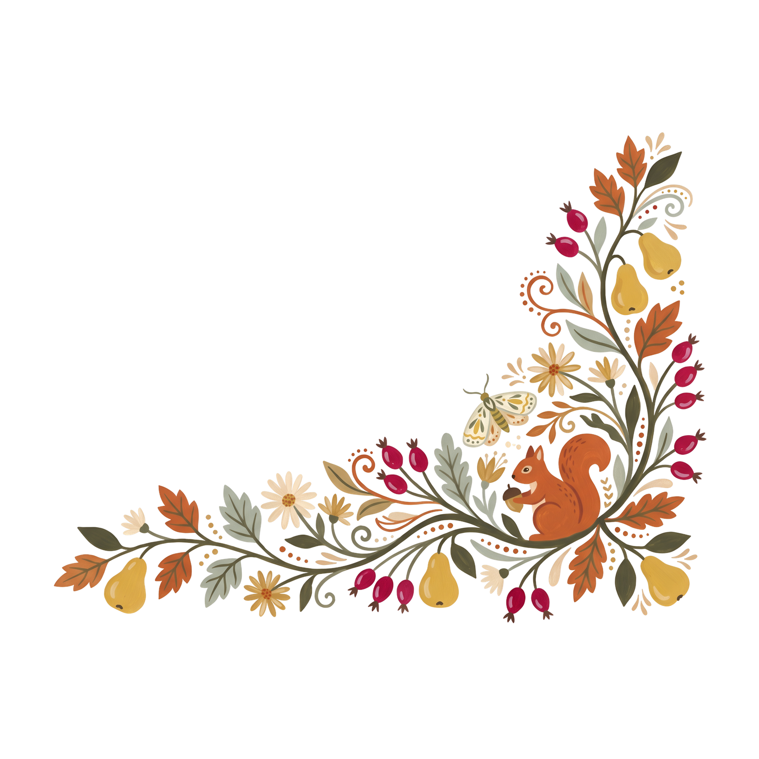 Autumn corner border illustration with a red squirrel, pears, rose hips, oak leaves, daisies and a moth on curling vines.