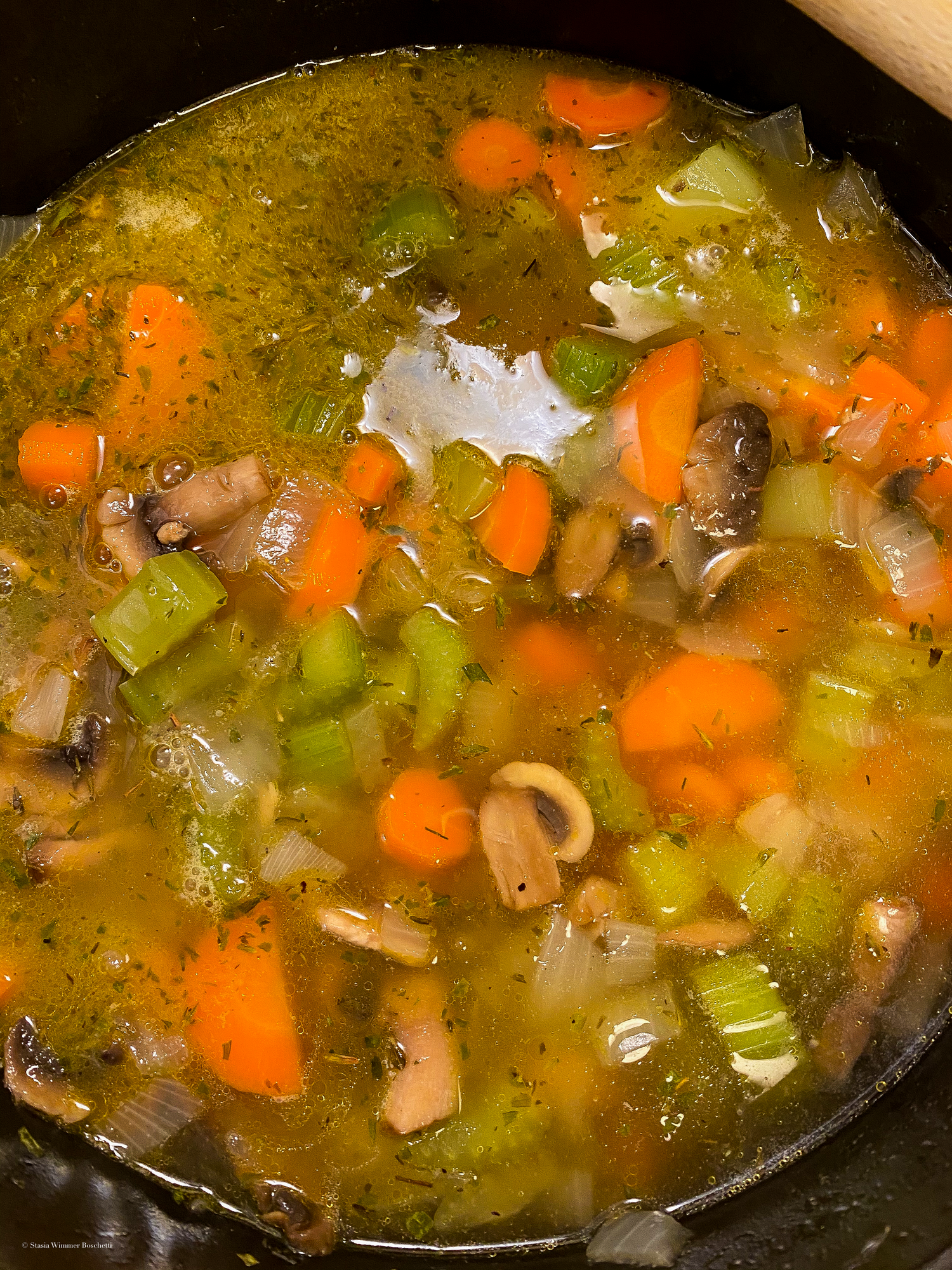 Homemade soup broth simmering with colorful vegetables and mushrooms.