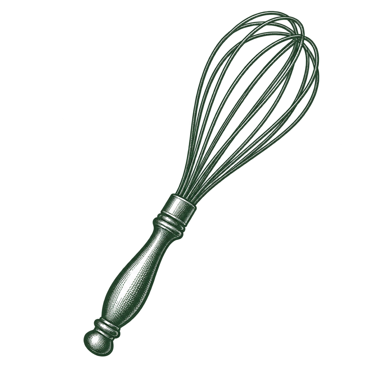 Vintage-style illustration of a kitchen whisk with an elegant wooden handle in dark green ink.