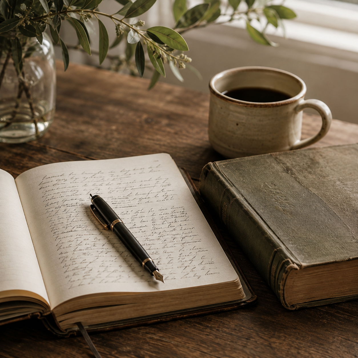 Open journal with pen, vintage book, and coffee cup on rustic wooden desk with green plant in background.