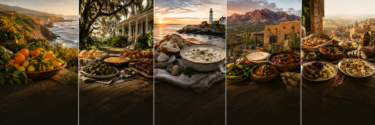 A collage of coastal cliffs, elegant dining, lighthouse sunset, mountain feast, and Mediterranean spread with fresh ingredients.