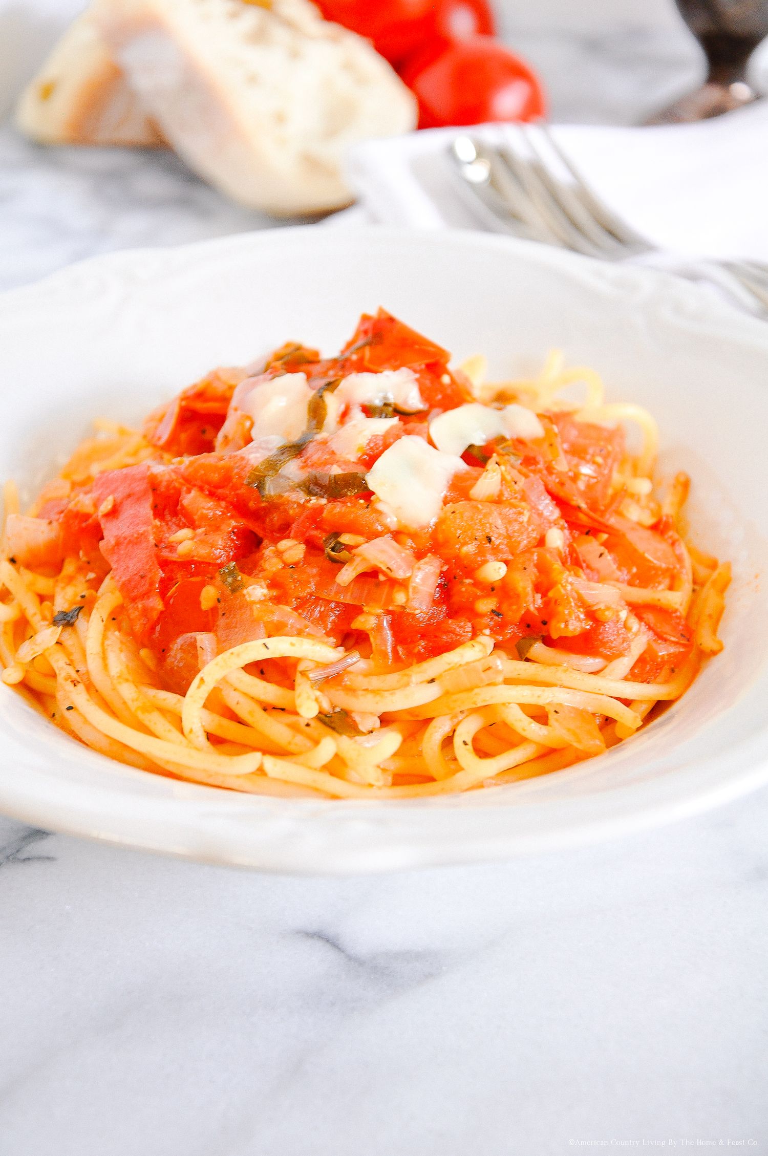 Plate of spaghetti pasta topped with fresh tomato sauce and grated cheese on a white dish.