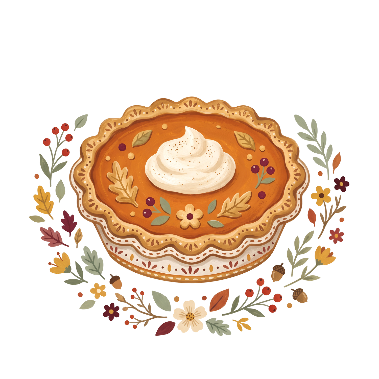 Illustrated pumpkin pie topped with whipped cream and pastry leaves, framed by a wreath of autumn leaves, berries, acorns and flowers.
