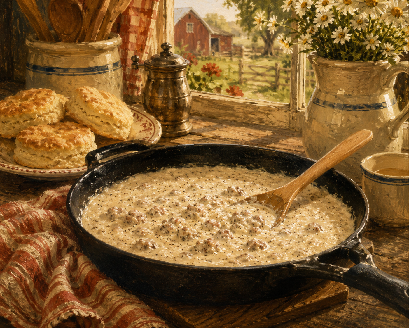 Cast iron skillet with creamy sausage gravy and wooden spoon, fresh biscuits, and a rustic farmhouse scene in the background.