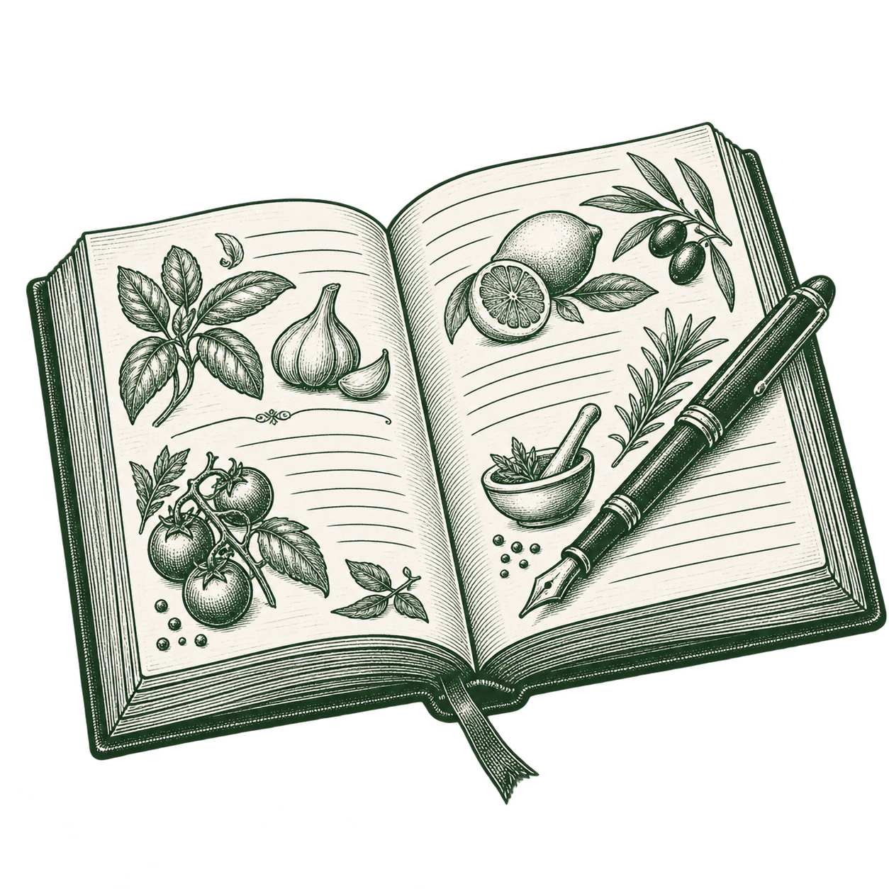 Open recipe journal with herb illustrations including basil, garlic, tomatoes, lemon, olive, rosemary, and mortar, with a fountain pen.