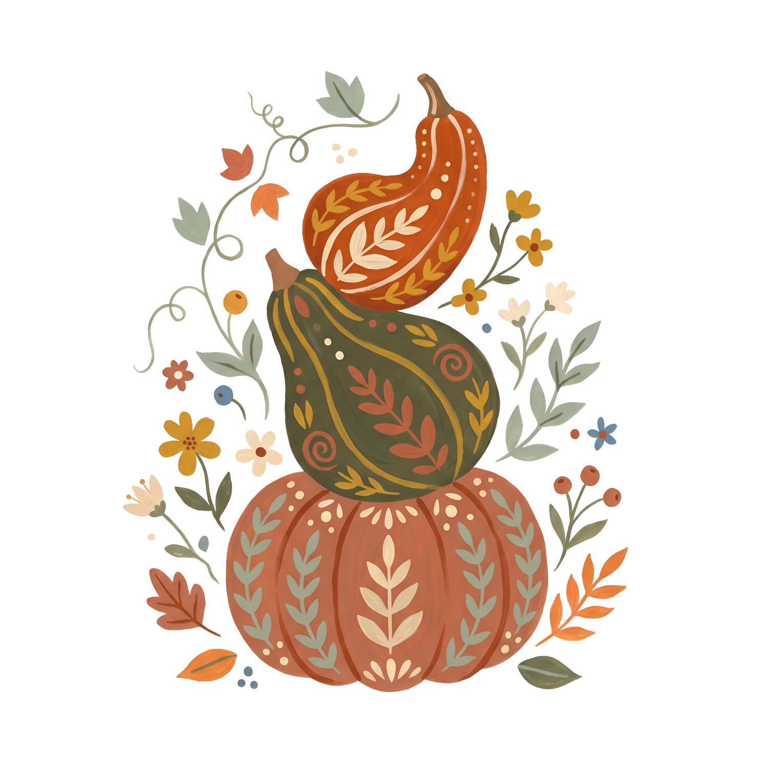 Stacked folk art autumn gourds and pumpkin with ornate leaf patterns, surrounded by delicate fall leaves, berries and wildflowers.