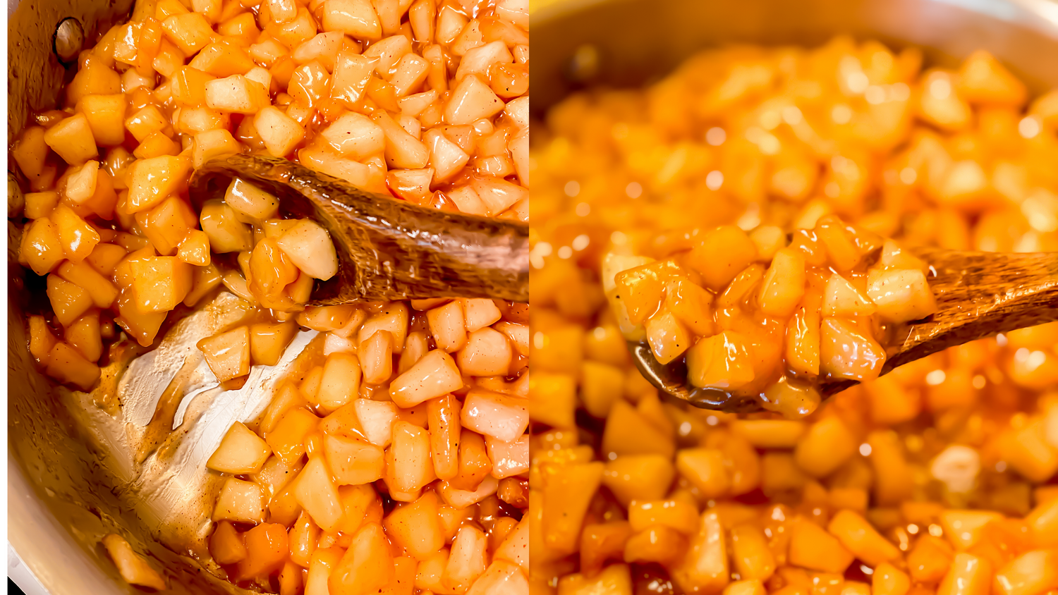 Diced butternut squash being sautéed in a pan with wooden spoon.