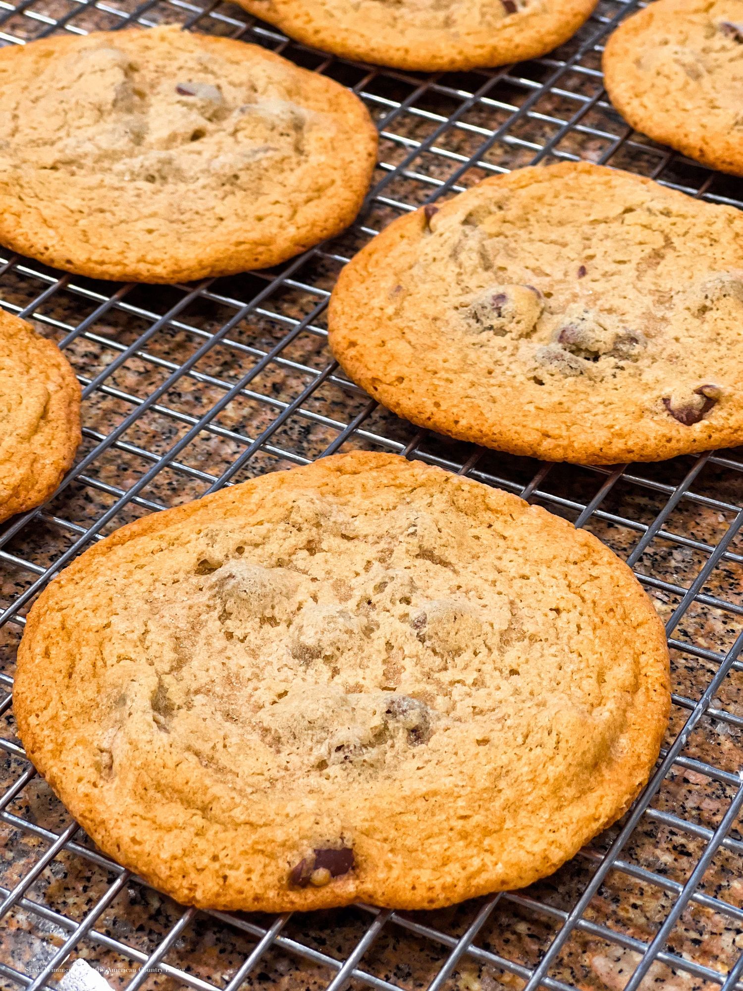 Golden chocolate chip cookies with crispy edges and gooey centers arranged on decorative plates with glasses of milk.