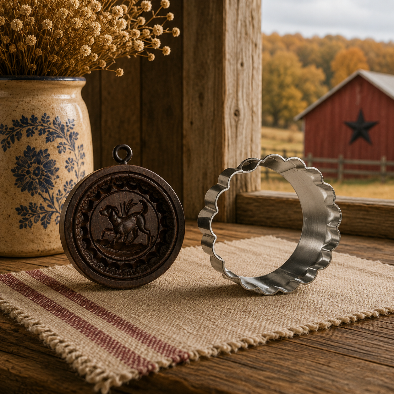 Rustic wooden cookie stamp and metal cutter on burlap runner beside floral crock, with red barn visible through window.