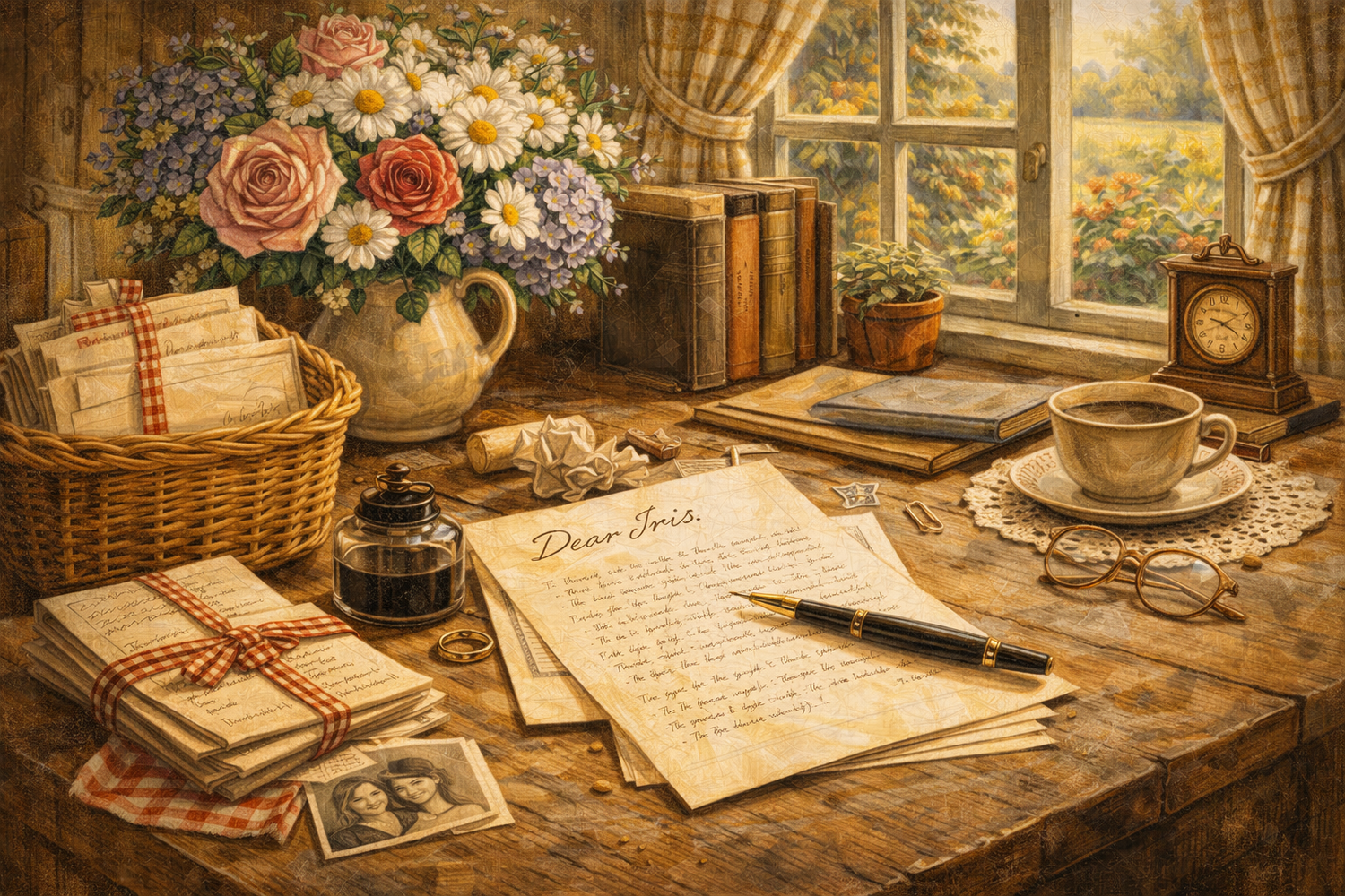 Garden diary header with pastoral sketches and elegant gold lettering.