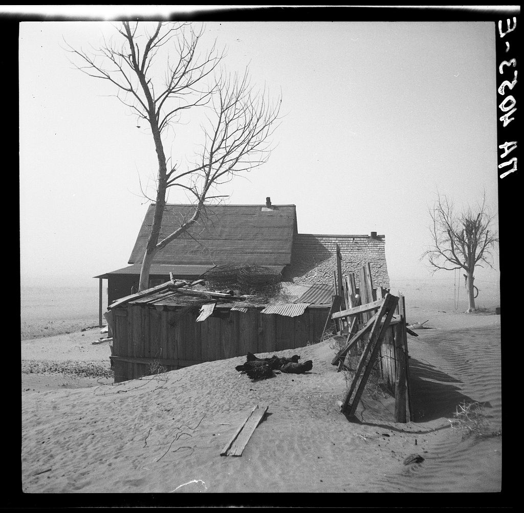 A series of black and white photographs showing abandoned farmhouses in a dusty, barren landscape during the Dust Bowl era.