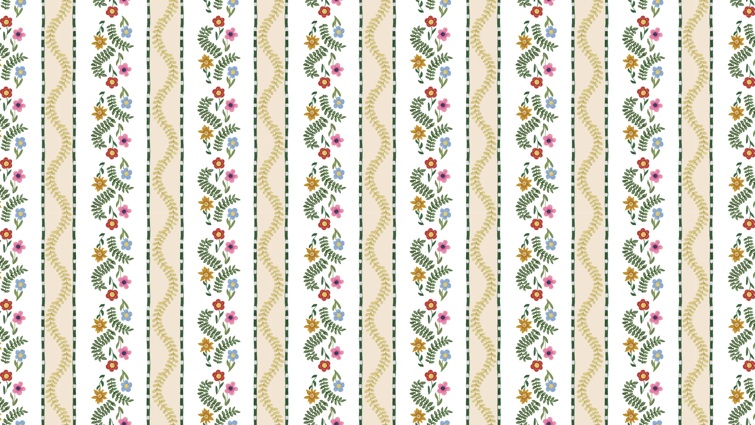 Seamless vertical striped pattern of wavy tan lines, green leafy vines, and red and orange flowers on a white background.