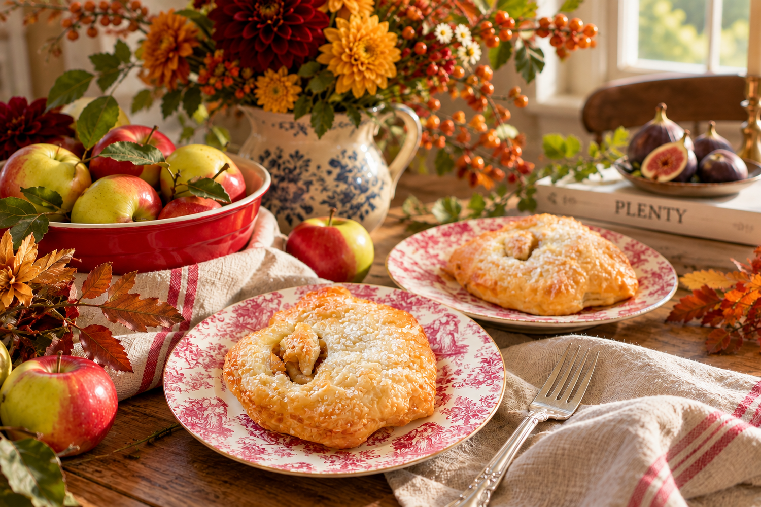 Autumn table with apple galettes on floral plates, fresh apples, figs, and colorful fall flowers in a vintage vase.