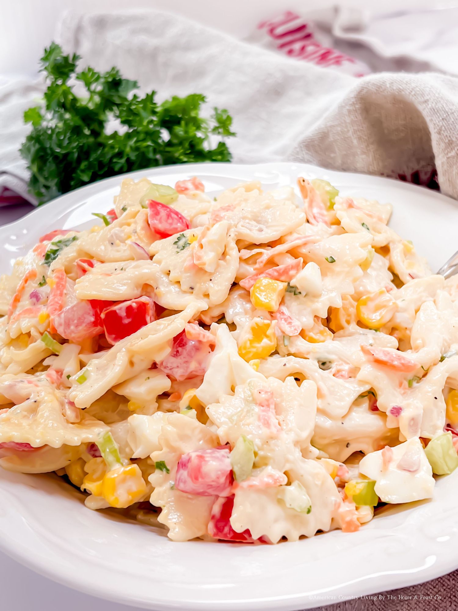 Bow tie pasta salad featuring fresh vegetables and creamy sauce on white ceramic plate.