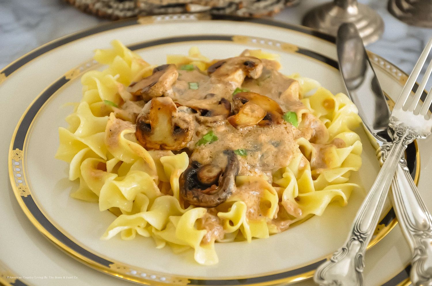 Creamy beef stroganoff with sauteed mushrooms plated over wide egg noodles.