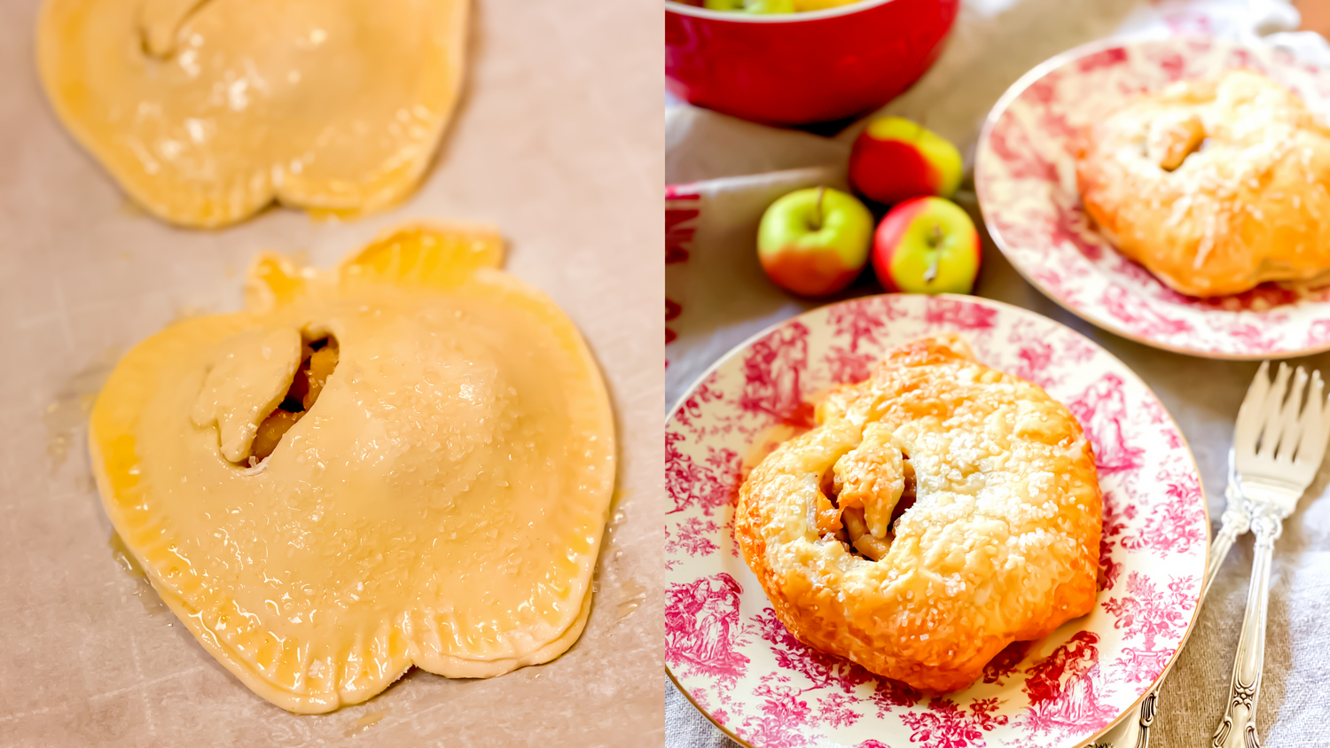 Process shots showing apple-shaped dough cutouts and finished baked pastries on decorative plates.