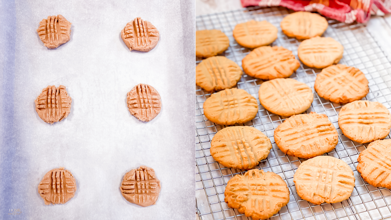 Unbaked and baked peanut butter cookies with fork marks on parchment and cooling rack.