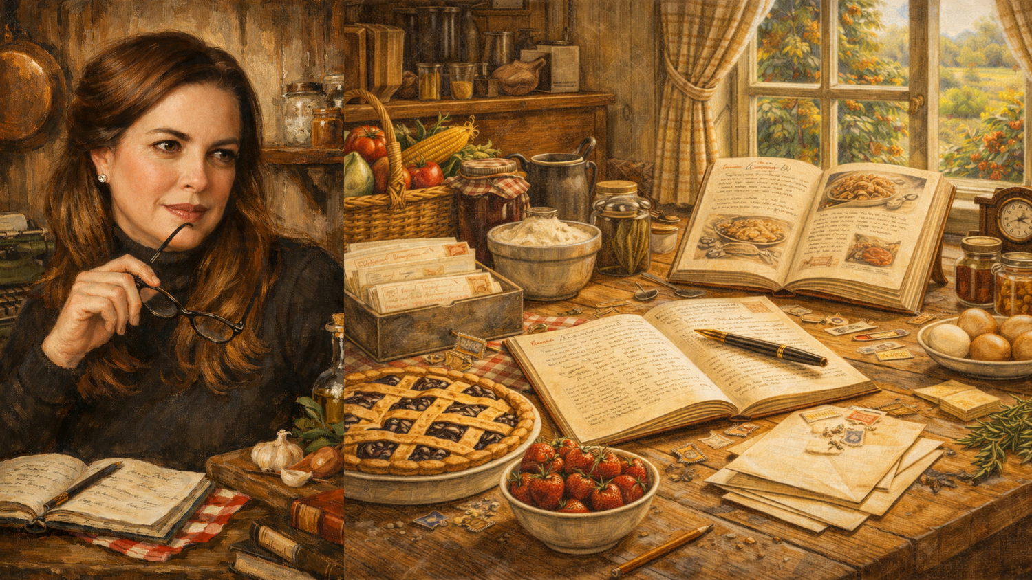 Woman sitting at rustic kitchen table with open cookbooks, fresh berries, and a homemade lattice pie.