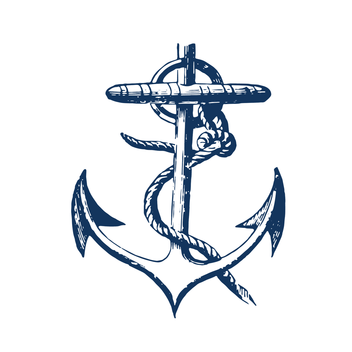 Navy blue hand-drawn nautical anchor with rope illustration, vintage sketch style maritime symbol for seafaring design.