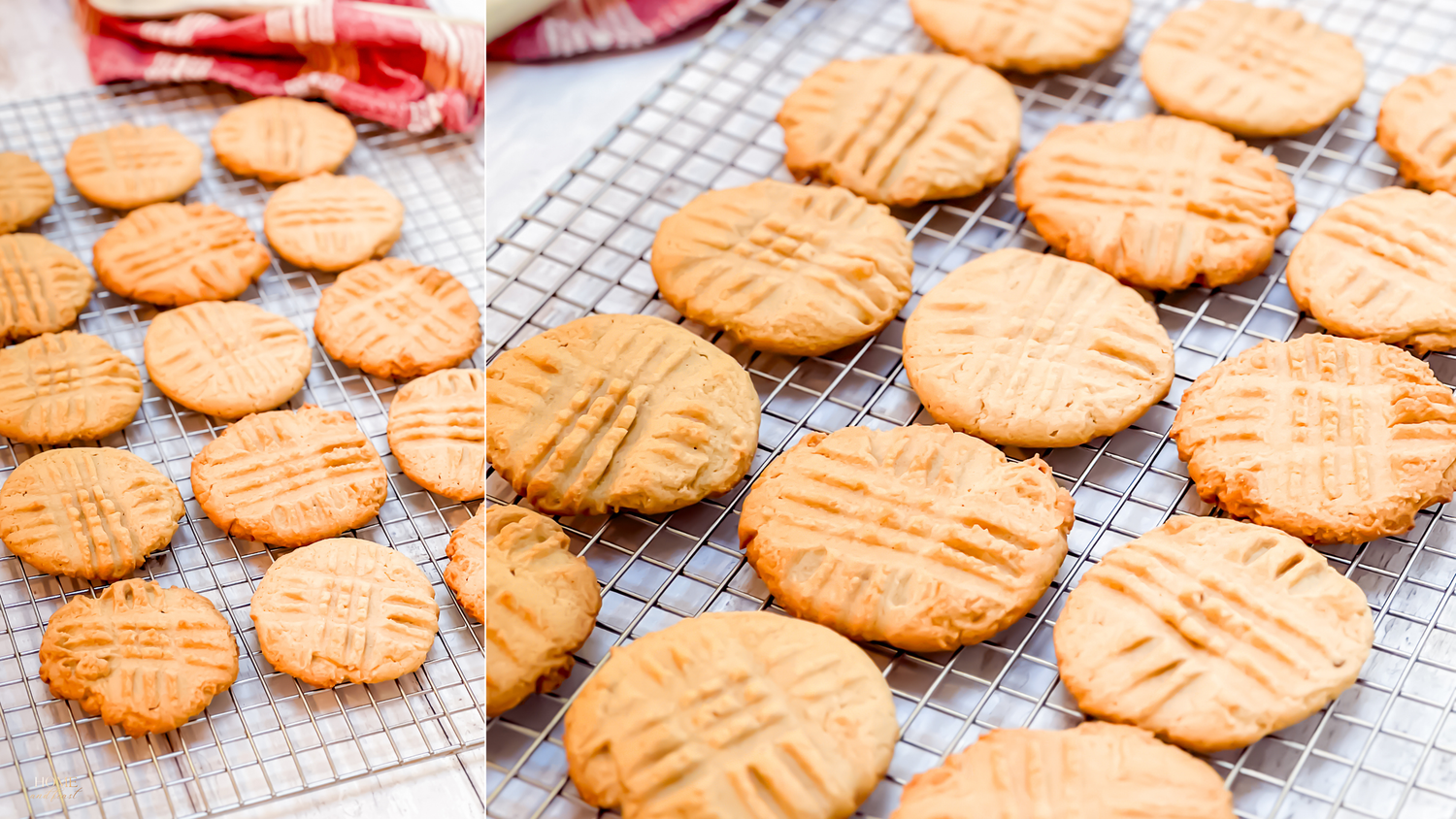 Freshly baked peanut butter cookies cooling on a wire rack, featuring classic crosshatch fork marks on top.