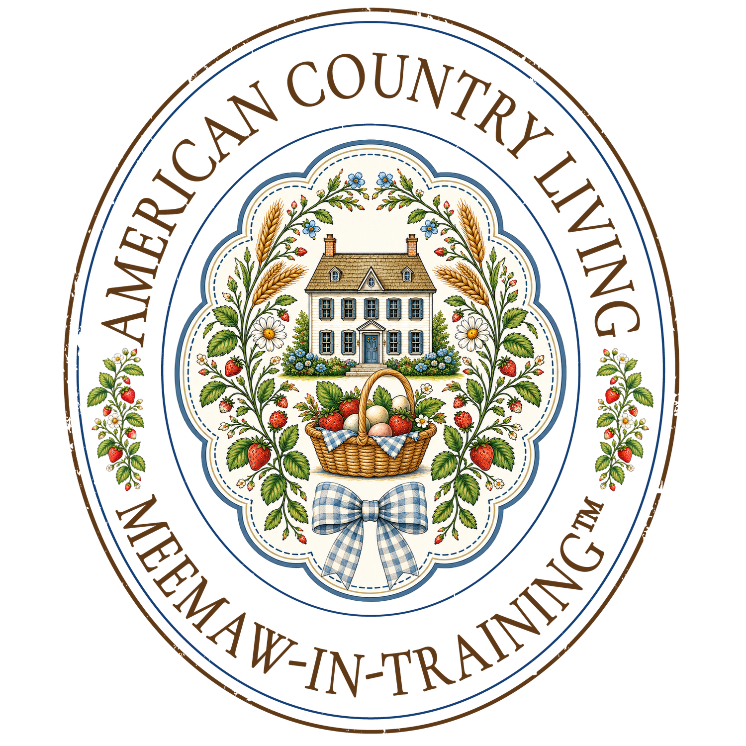 Circular American Country Living Meemaw-In-Training logo with a farmhouse, fruit basket, and floral folk art design.