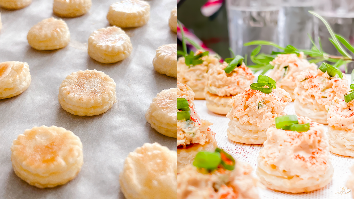 Before and after shots of pastry appetizers with salmon filling and garnish.