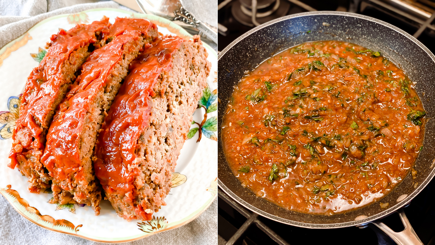 Step by step preparation of glazed meatloaf showing cooking process in pan.