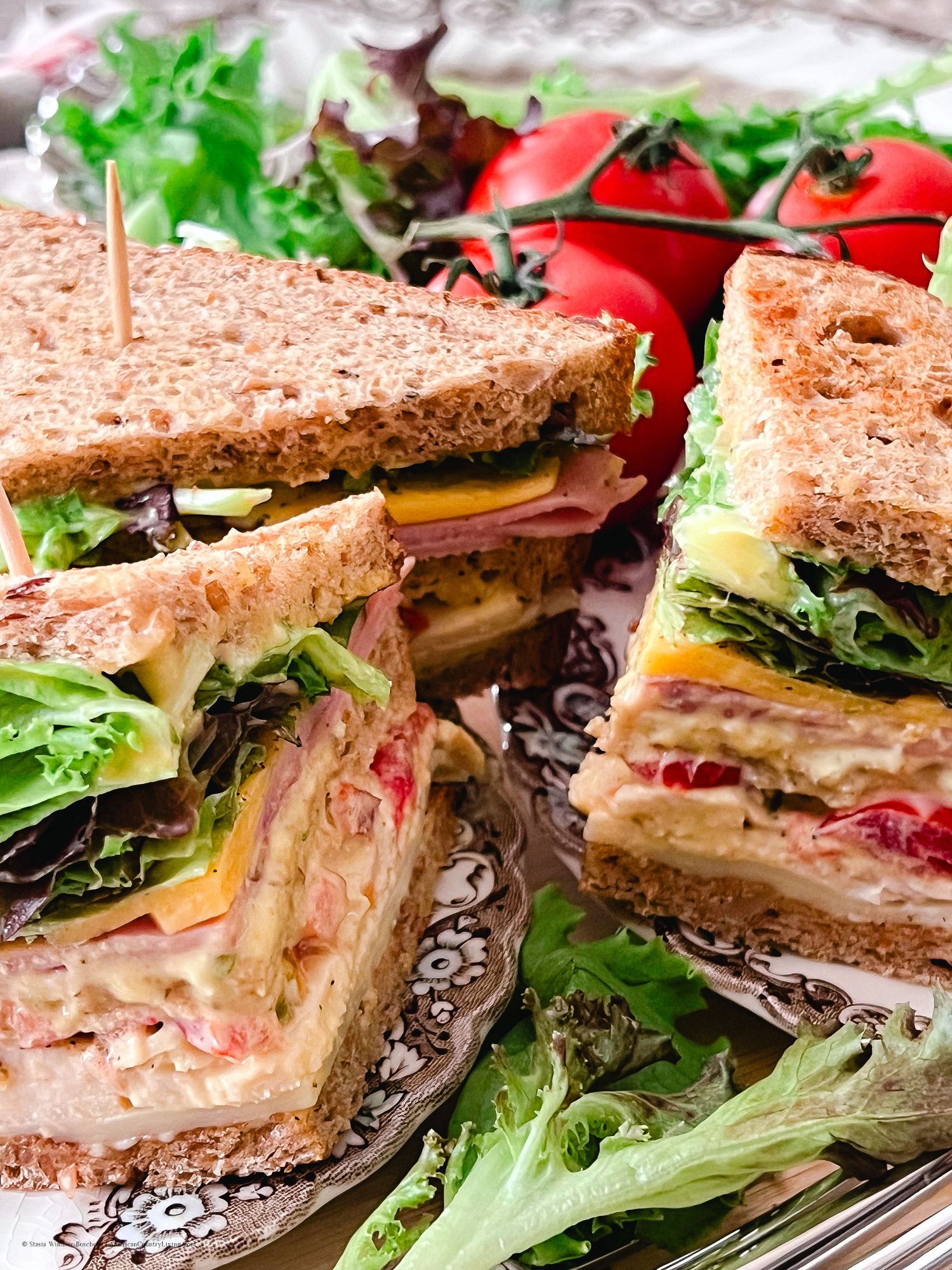 Multiple angles of club sandwich with fresh ingredients on decorative serving plate.