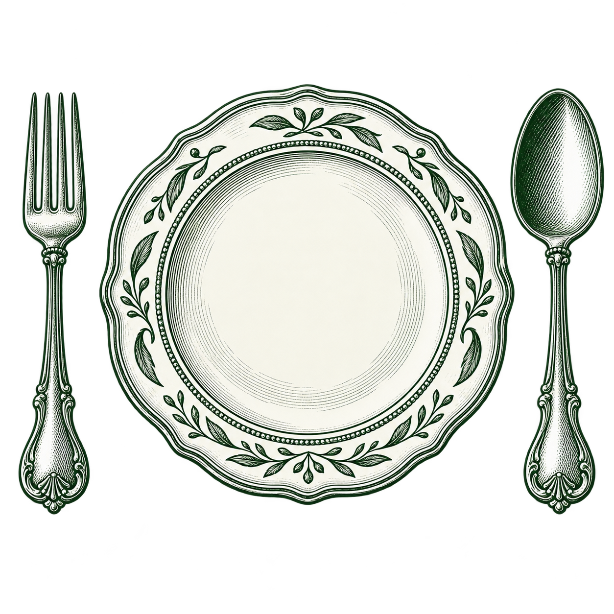 Elegant vintage dining set with ornate plate, fork, and spoon in green and white engraving style illustration.