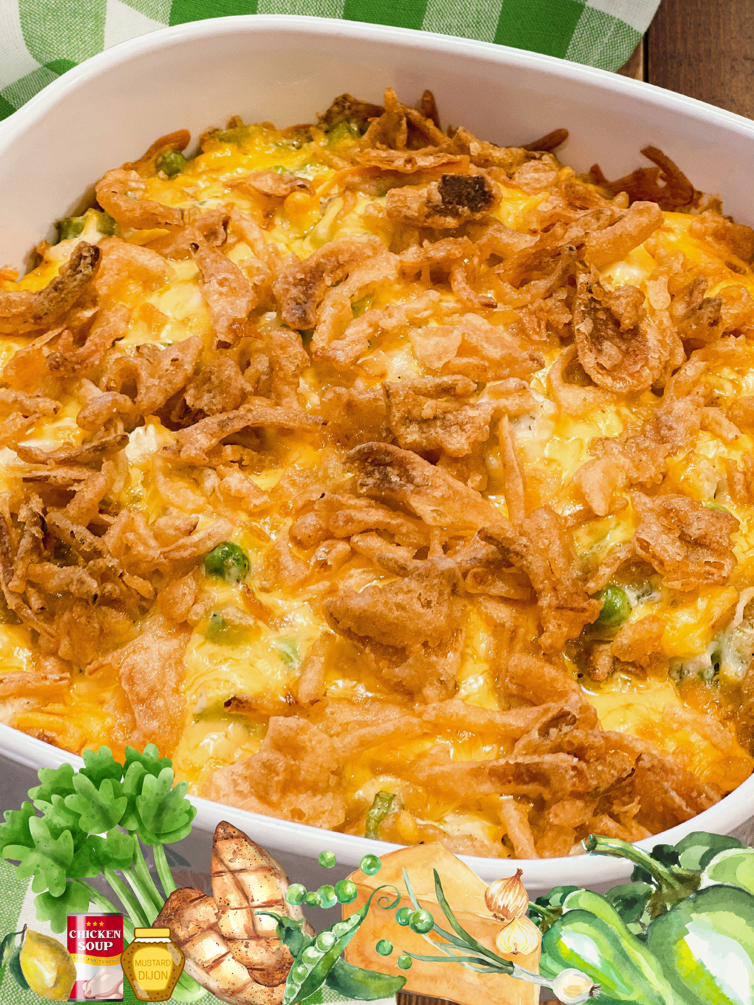 Cheesy potato casserole topped with crispy fried onions in a white baking dish.