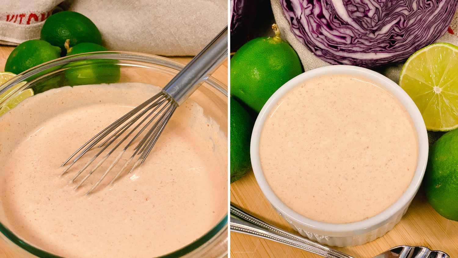 Smooth pink sauce in serving dishes with fresh citrus and vegetables.