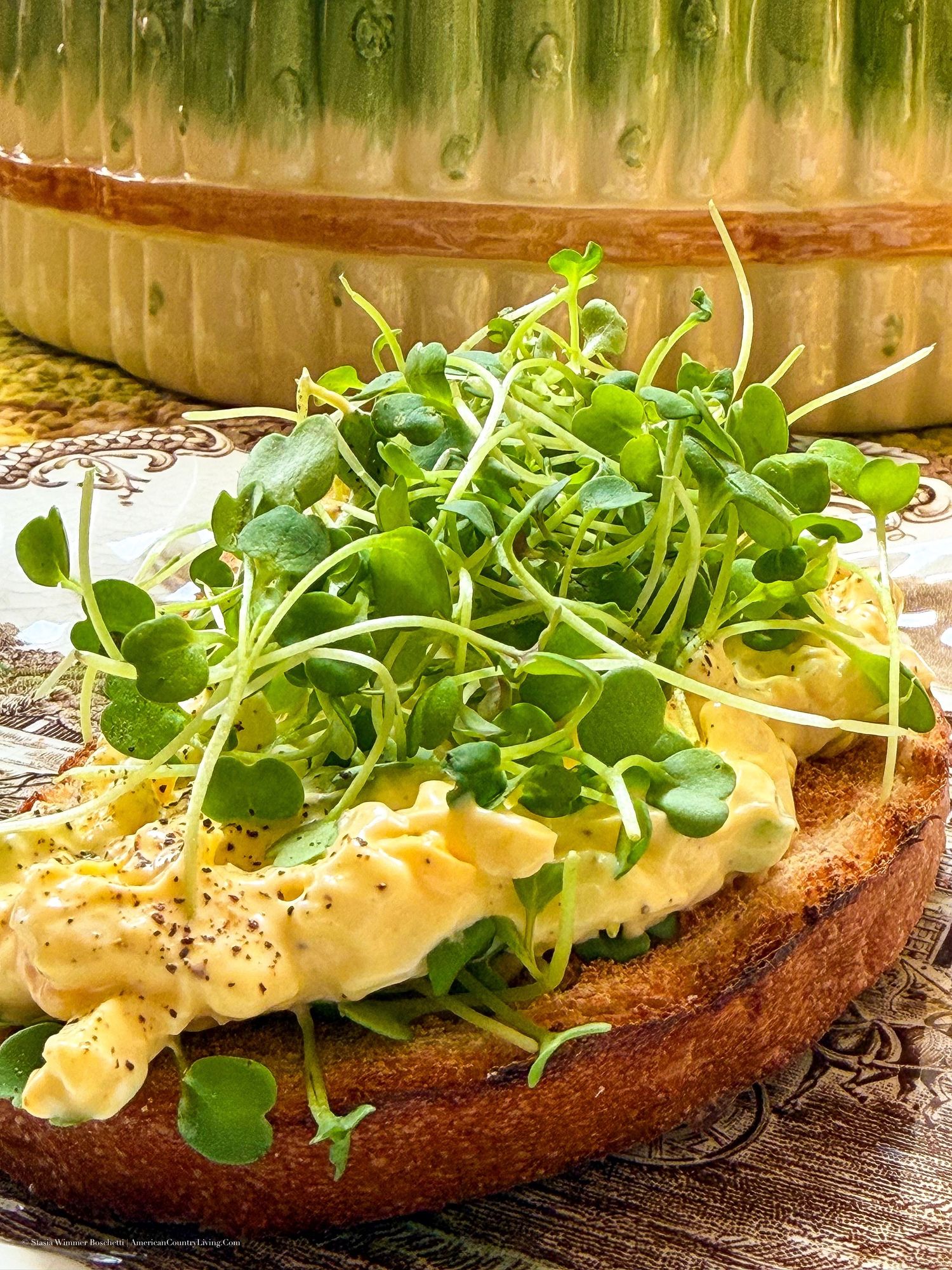 Scrambled eggs on toasted bread topped with fresh microgreens, served on a decorative plate.