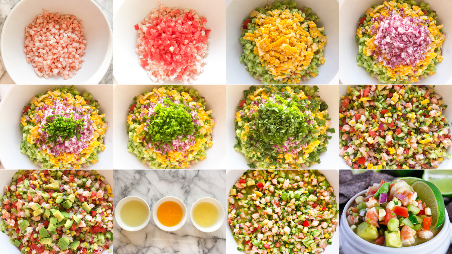 Colorful array of garnished appetizers arranged in a row on white plates.