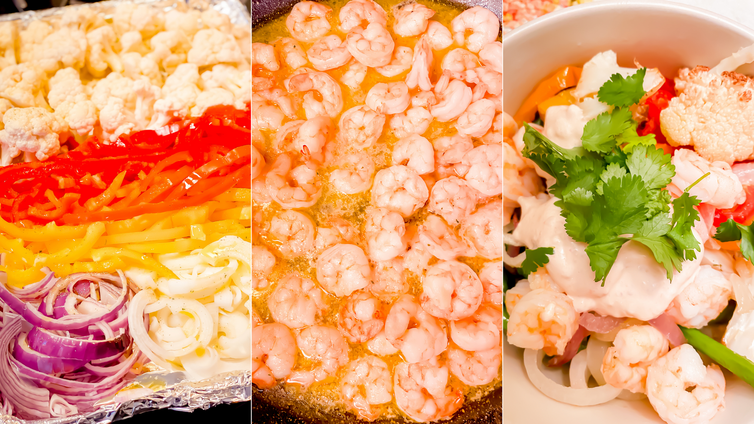 Fresh shrimp and colorful vegetables arranged in rows on a serving platter.