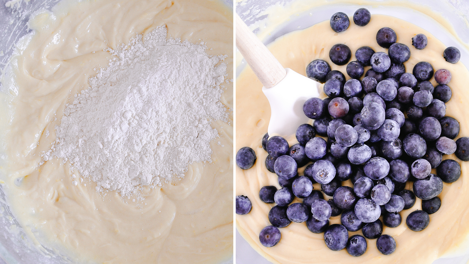 Fresh blueberries scattered on white surface with baking ingredients.
