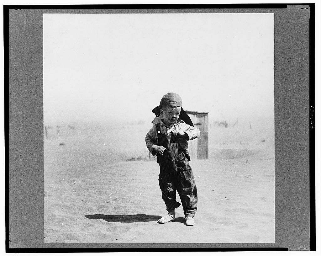 A series of black and white photographs showing a woman in weathered clothing with a concerned expression during the Great Depression.