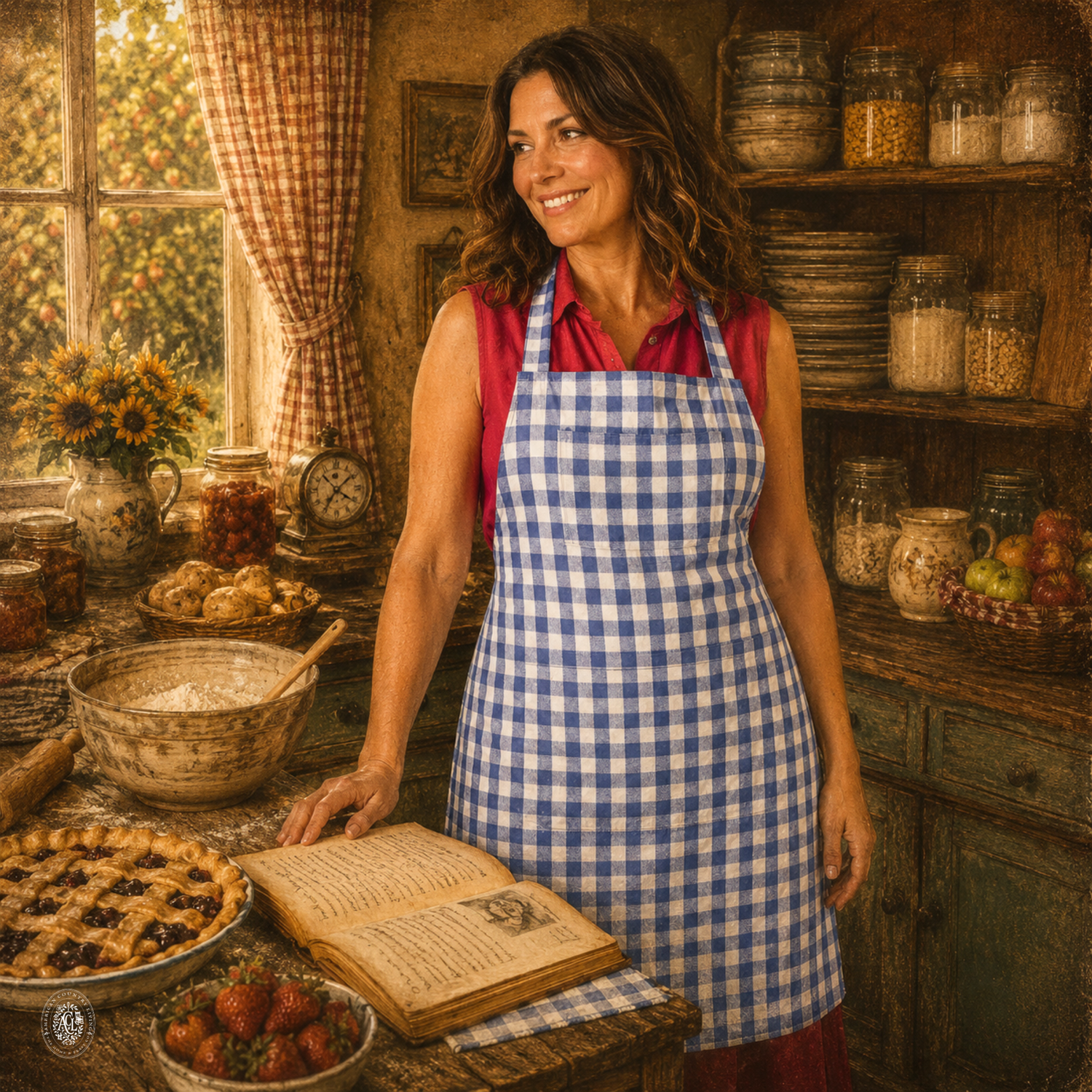 A smiling woman in a blue gingham apron stands in a rustic kitchen with pies, berries, and a cookbook.