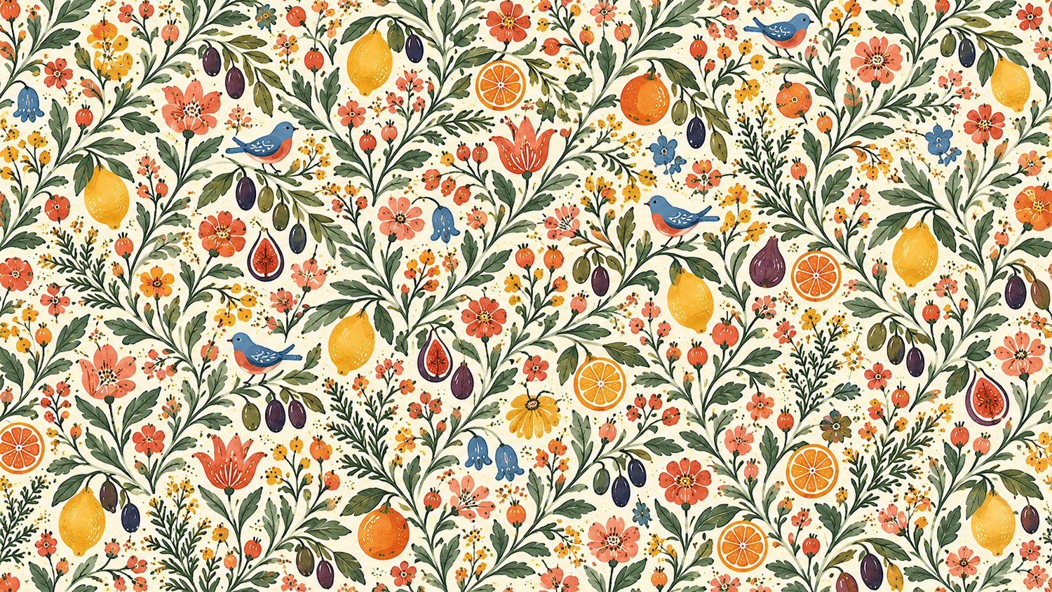 Colorful folk art pattern with lemons, oranges, figs, flowers, and blue birds on cream background.