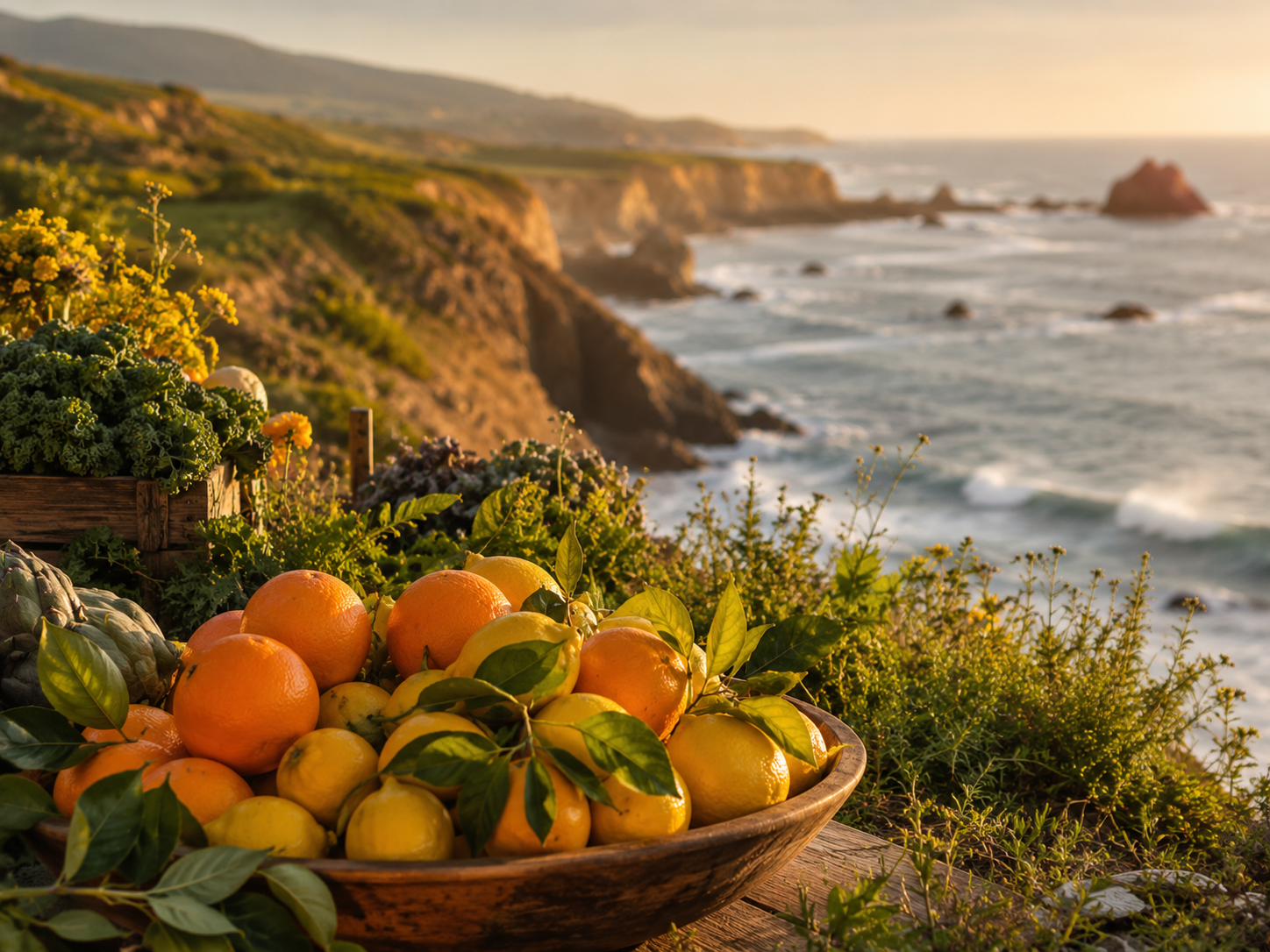 A wicker basket of fresh oranges and lemons on a coastal cliff overlooking the Pacific Ocean at golden hour.