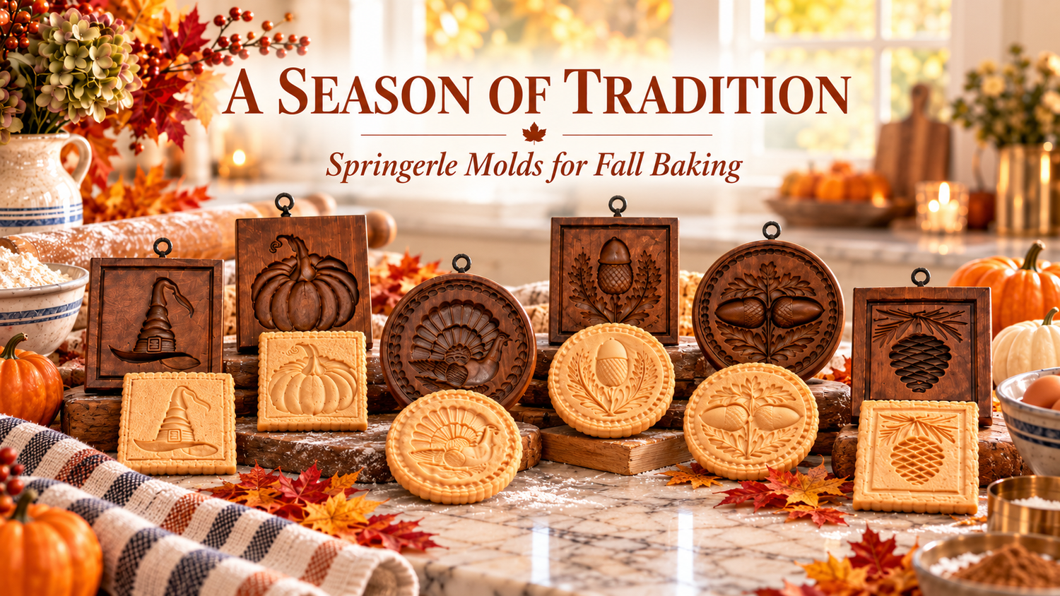 Springerle molds for fall baking displayed on a table with pumpkins and autumn leaves in a warm kitchen setting.